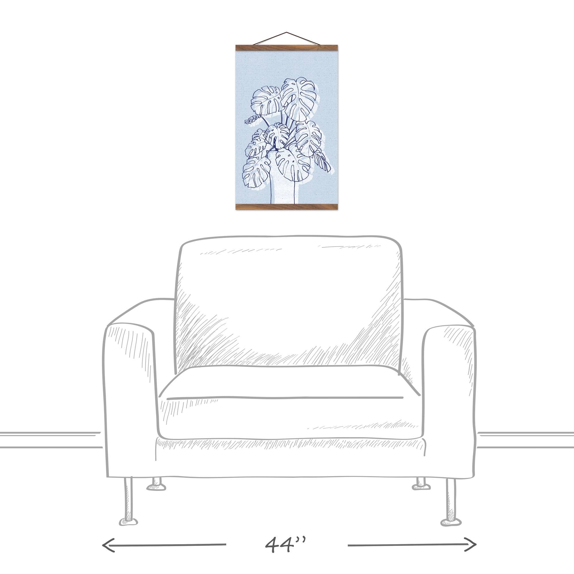 Blue Monstera Drawing Teak Hanging Canvas Wall Art